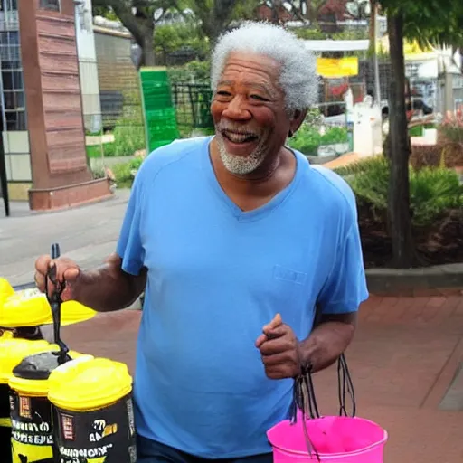 Image similar to happy morgan freeman selling free lemonade