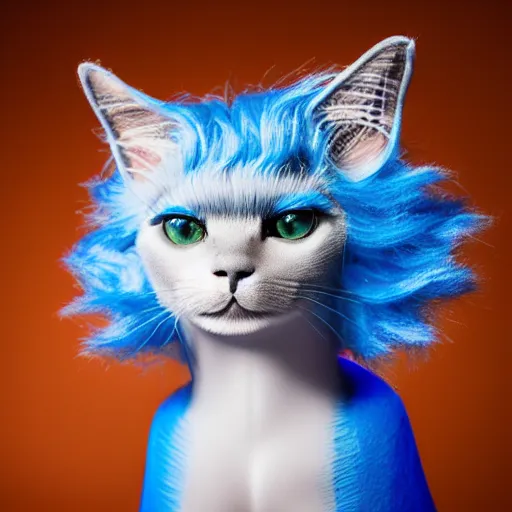 Prompt: professional photo of a blue cat wearing a blonde wig by!!!, short hair wig, wig hair, super saiyan hair wig!!, 4 legs!!, studio lighting, very detailed, unreal engine, canon photo!!!!, professional lighting, good composition, rule of thirds, winning award photo, real cat, real, swimming pool