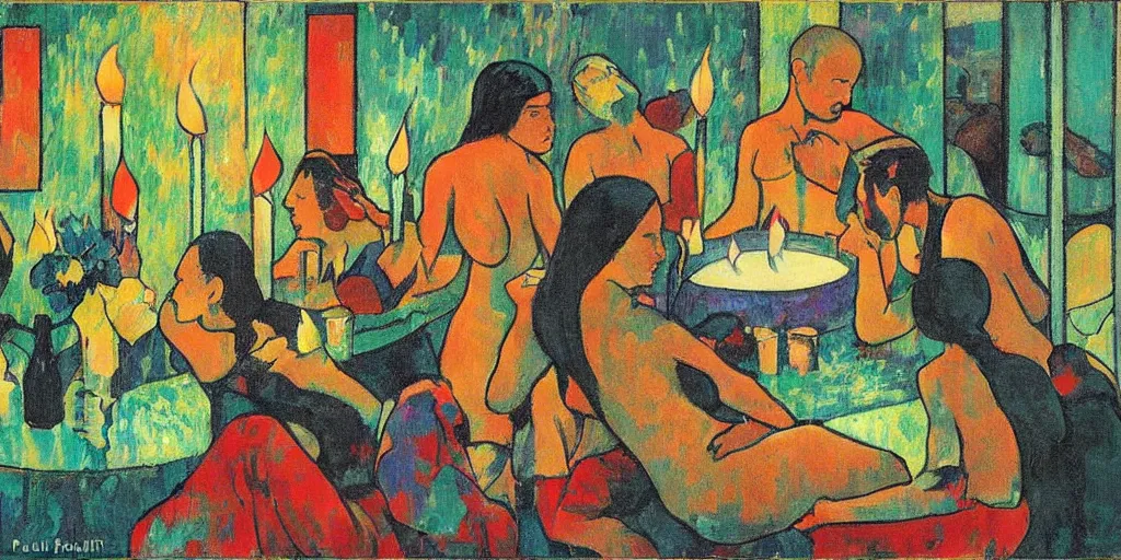 Image similar to a party at midnight, modern indoors, bay area, candles, hot tub, friendship, hope, art by paul gaugin