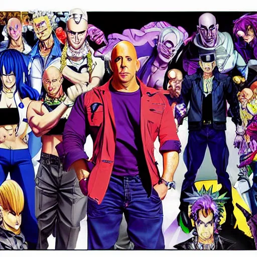 Image similar to Digital painting of Vin Diesel wearing strange clothes walking like a Italian model in JoJo\'s Bizzare Adventure anime style, official media from JoJo\'s Bizzare Adventure, highly detailed, sharp focus, screentone shading, sligthly hard shadows, 1990 manga panel, trending on ArtStation, manga cover art by Hirohiko Araki