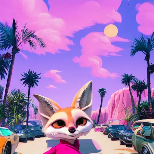 Prompt: fennec fox, pink, palm trees, furry, cute, smug facial expression, disney zootopia, zootopia, concept art, aviator sunglasses, smug expression, synthwave style, artstation, detailed, award winning, dramatic lighting, miami vice, oil on canvas, vibes, GTA, GTA V