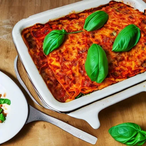 platypus cooking a lasagna with three basil leaves | Stable Diffusion