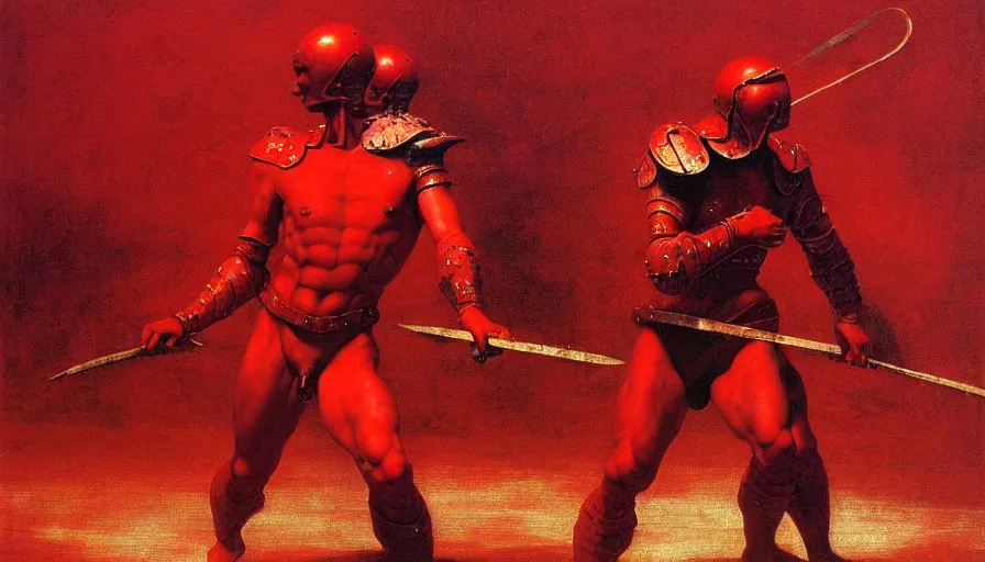 Image similar to only with red, a lightly armored gladiator in a crowded roman amphitheatre, crowd cheering, in the style of beksinski and edward hopper and rodcenko and yue minjun and rolf armstrong, intricate and epic composition, red by caravaggio, highly detailed, masterpiece, red light, artstation