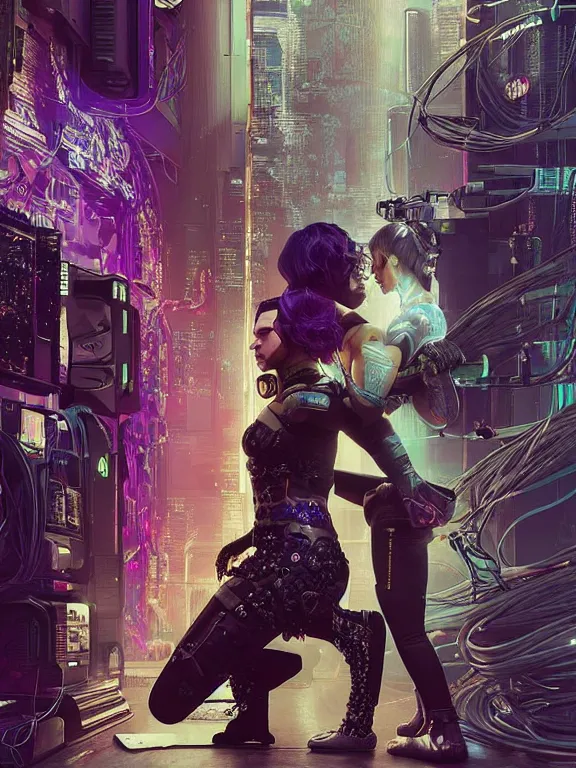 Prompt: a cyberpunk 2077 illustration of two veiled female android queens kneel and pray with lots of complex mess of cables and wires behind them connected to giant computer,bowknot, fine lace, GUCCI, glittering, jewel embellishment, film lighting, by Artgerm,Lawrence Alma-Tadema,William Morris,Dan Mumford, trending on atrstation, full of color, mythological, high detailed,golden ratio,cinematic lighting