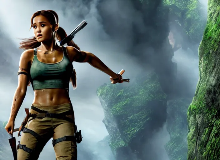 Image similar to film still of!!!! ariana grande!!! as lara croft in new tomb raider movie, 8 k