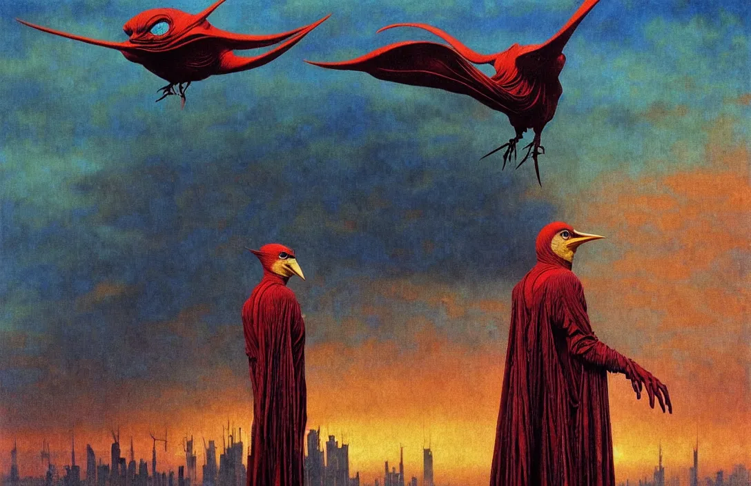 Image similar to realistic detailed portrait movie shot of a birdman wearing dark ragged robes, sci fi city sunset landscape background by denis villeneuve, amano, yves tanguy, alphonse mucha, ernst haeckel, max ernst, roger dean, masterpiece, rich moody colours, bird head, blue eyes