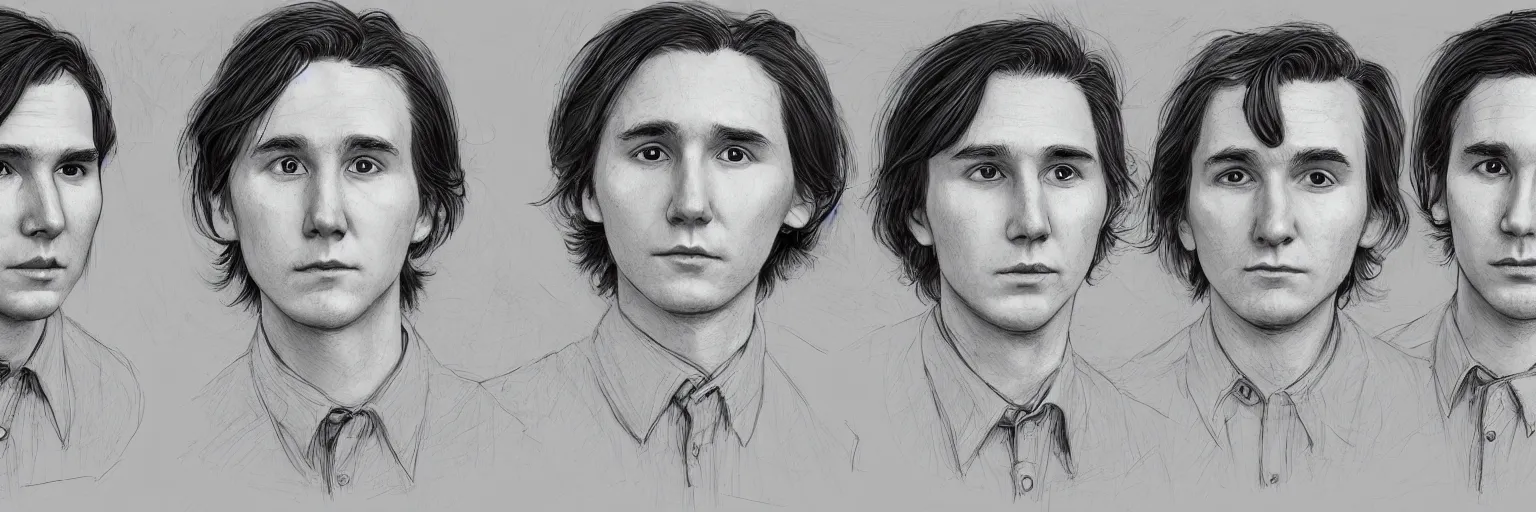 Prompt: character study of paul dano and julian lage, 2 0 2 2, clear faces, emotional, character sheet, fine details, concept design, contrast, kim jung gi, pixar and da vinci, trending on artstation, 8 k, full body and head, turnaround, front view, back view, ultra wide angle