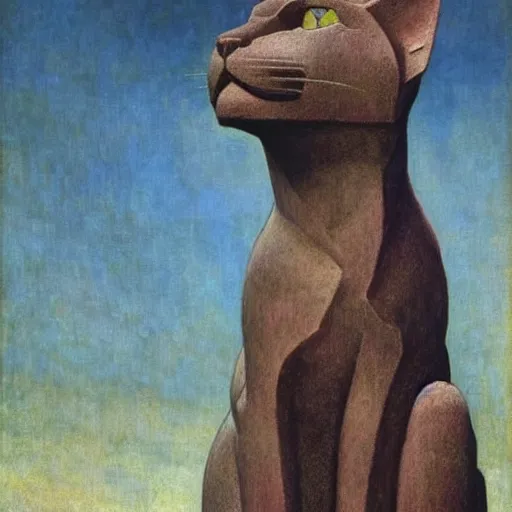 Image similar to masterpiece cat sculpture from an unknown lost civilization, by annie swynnerton and diego rivera and nicholas roerich and jean delville and charlie bowater, symbolist, dramatic lighting, god rays, art brut, rich colors, smooth sharp focus, extremely detailed, adolf wolfli and ( donato giancola and bilibin )