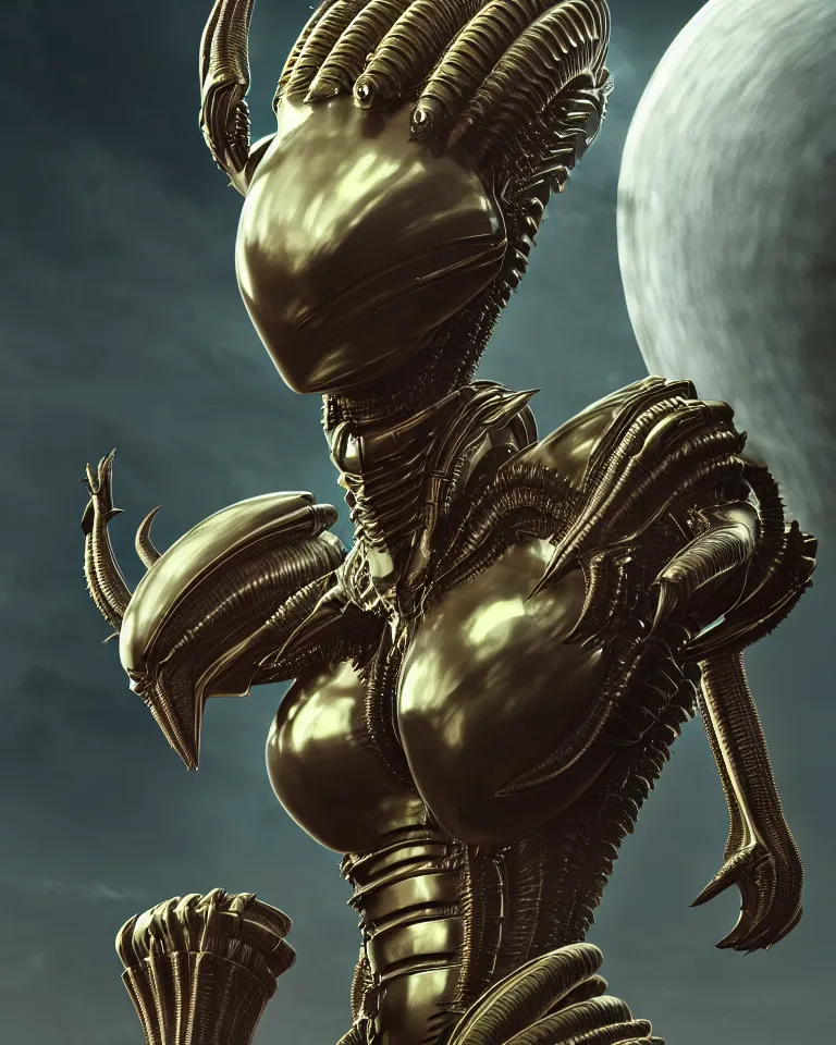 Image similar to epic portrait of alien queen in ring armour by cleavanger and elvgren epic awesome symmetrical octane vfx maya render realistic