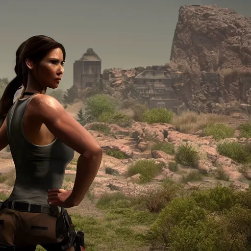 Image similar to a woman that looks similar to lara croft leaning against a brick wall. She is on the right side of the image, you can see the left side of her body. The scene is at night, lit by the moon. It feels like the scene is in some sort of super realistic virtual reality simulation. You can see the city behind her, everything feels like super advanced cgi graphics with ray tracing. Trending on artstation