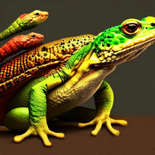 Image similar to three animals,trio, toad with wings front view, rainbow reptile front view, golden lizard front view, trio, artstation, concept art, master illustration, details, good clear quality, fun - w 704