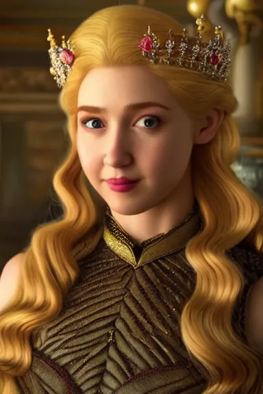 Image similar to very very intricate photorealistic photo of a realistic human version of princess peach wearing her crown in an episode of game of thrones, photo is in focus with detailed atmospheric lighting, award - winning details