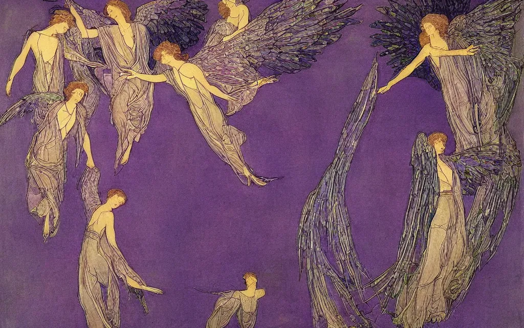 Prompt: vision of angels - a painting of a single angel flying in the sky, with a group of angels flying behind it by harry clarke and jane graverol, style of lilac