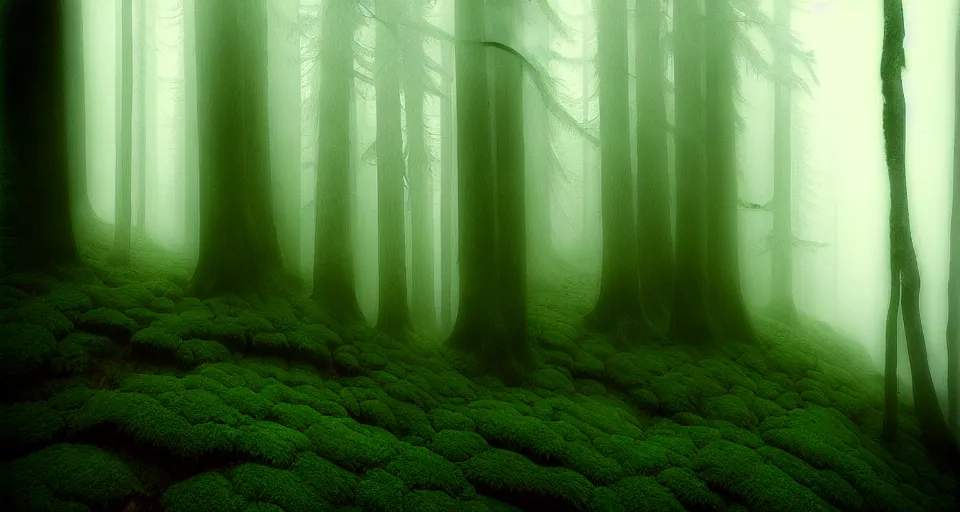 Image similar to deep inside the forest, fog, mist, moss, ferns, by ansel adams, polaroid, masterpiece, artstation