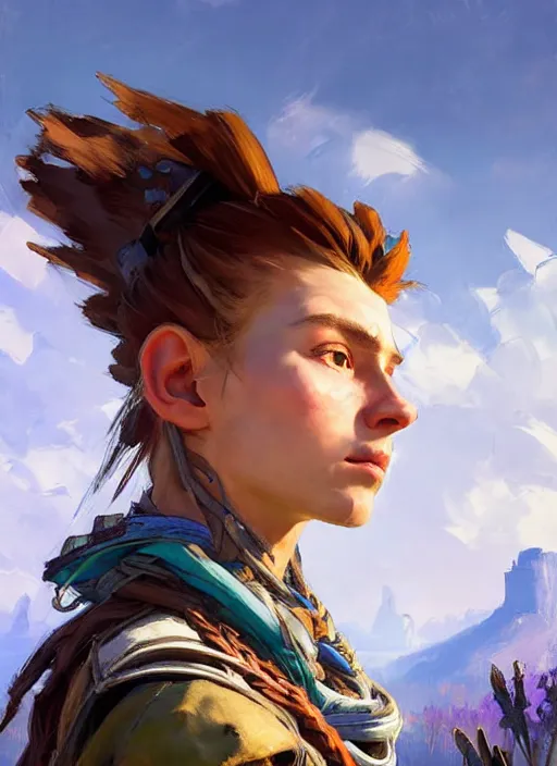 Prompt: portrait of a eastern european Aloy from Horizon Zero Dawn in the style of League of Legends practicing, countryside, calm, fantasy character portrait, dynamic pose, above view, sunny day, clouds in the sky, artwork by Jeremy Lipkin and Giuseppe Dangelico Pino and Michael Garmash and Rob Rey and Huang Guangjian, very coherent asymmetrical artwork, sharp edges, perfect face, simple form, face by Fernanda Suarez and Greg Manchess, 100mm
