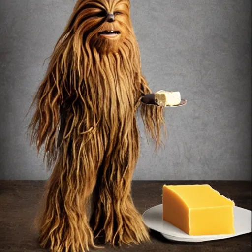 Image similar to dutch chewbacca wearing clogs and eating cheese