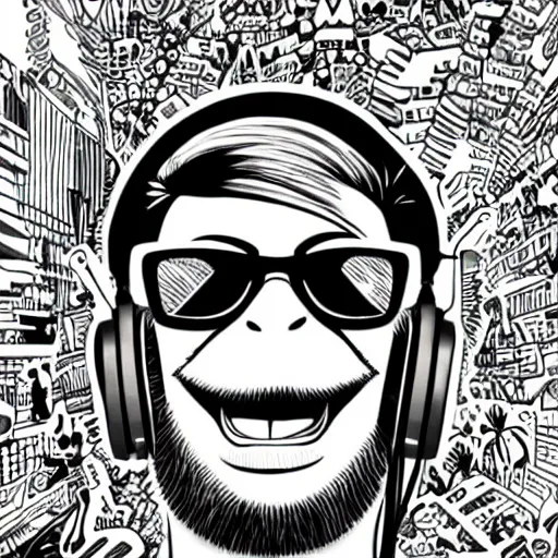 Prompt: mcbess illustration, cool monkey wearing headphones and sunglasses