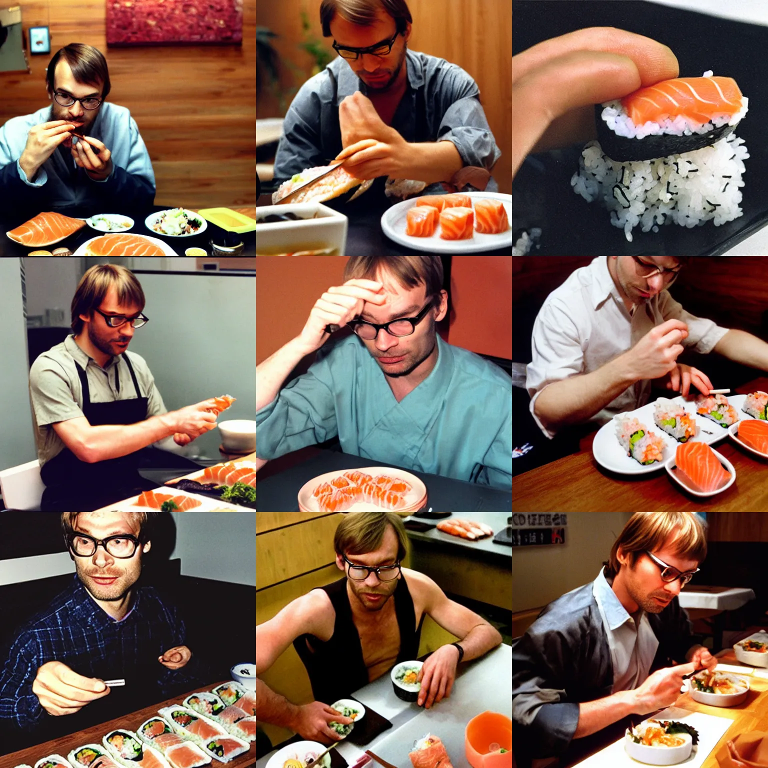 Prompt: jeffrey dahmer eating salmon sushi rolls