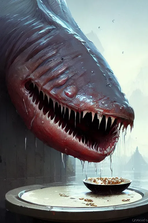 Image similar to greg rutkowski. giant wet fleshy creature over a bowl of yummy cereal