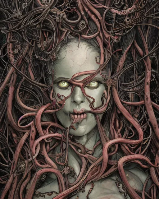 Image similar to centered horrific detailed side view profile portrait of a insane, crazed, mad zombie woman, ornate tentacles growing around, vines and thorns ornamentation, thorns, vines, tentacles, elegant, beautifully soft lit, full frame, by wayne barlowe, peter mohrbacher, kelly mckernan, h r giger