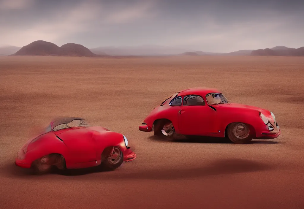 Image similar to “a red porsche 356 is parked in the middle of the desert, a matte painting by Scarlett Hooft Graafland, featured on unsplash, australian tonalism, anamorphic lens flare, cinematic lighting, rendered in unreal engine”