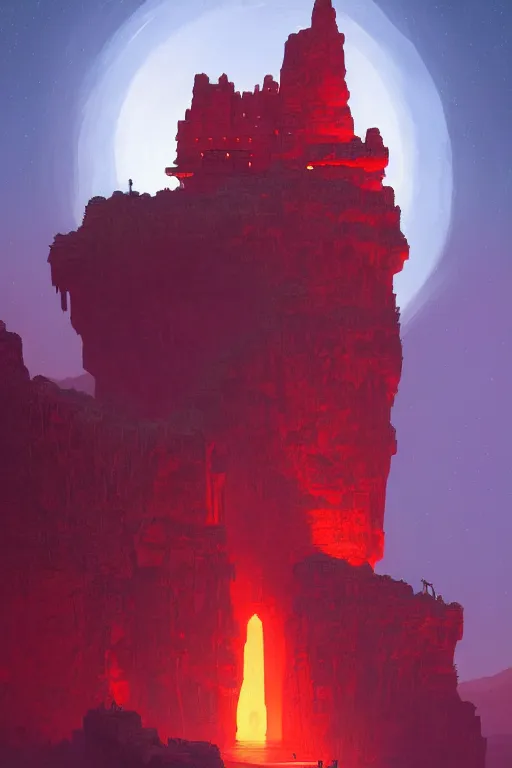 Image similar to ancient red glowing temple on a rocky cliff in a canyon, shooting stars in the black sky, dramatic lighting, artstation, matte painting, ralph mcquarrie, simon stalenhag