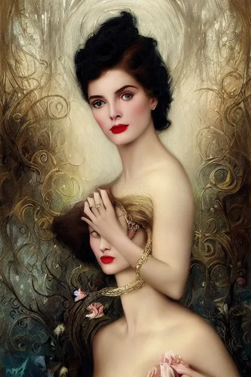 Image similar to a young and extremely beautiful grace kelly infected by night by tom bagshaw in the style of a modern gaston bussiere, art nouveau, art deco, surrealism. extremely lush detail. melancholic scene infected by night. perfect composition and lighting. profoundly surreal. high - contrast lush surrealistic photorealism. sultry and mischievous expression on her face.