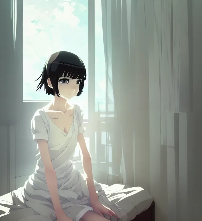 Image similar to anime visual, a young woman with white here in her room interior, cute face by ilya kuvshinov, yoshinari yoh, makoto shinkai, katsura masakazu, dynamic perspective pose, detailed facial features, kyoani, rounded eyes, crisp and sharp, cel shad, anime poster, ambient light