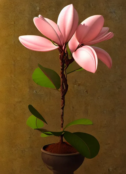 Prompt: an isolated magnolia plant, full view, centered, 3 d render, art nouveau dark outlines, ultra realistic, transparent background, popular on sketchfab, pixelsquid, 8 k, volumetric lighting, super focused, no blur, trending on artstation, octane render, ultra detailed, hyperrealistic, by james gurney, greg rutkowski and alphonse mucha