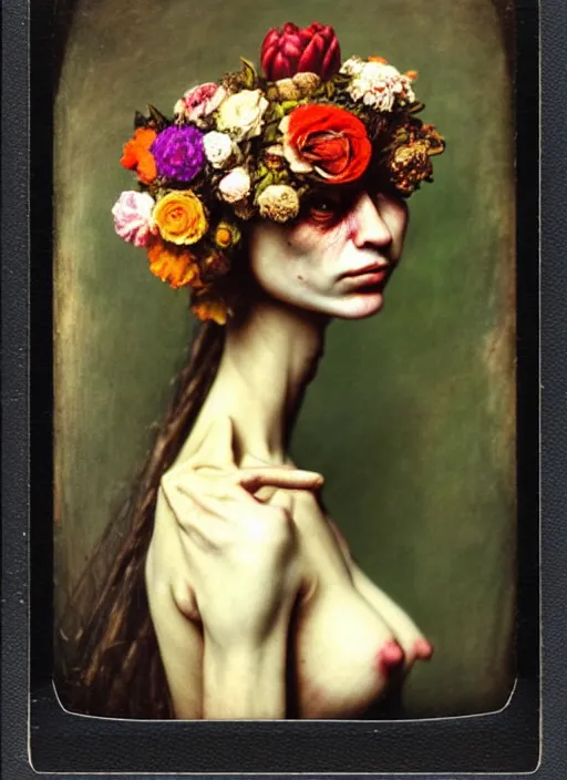 Image similar to beautiful and detailed rotten woman made of plants and many types of stylized flowers like carnation, chrysanthemum, roses and tulips, intricate, surreal, vladimir volegov, john constable, guy denning, gustave courbet, caravaggio, romero ressendi, 1 9 1 0 polaroid photo