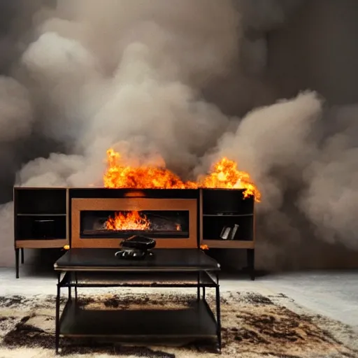 Image similar to inside of burning house living room furniture on fire smoke ashes very cinematic exquisite detail hyperrealism