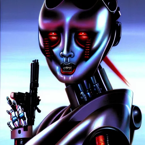 Image similar to geisha death robot, killbot, gun coming out of mouth, very realistic, artwork by jim burns, cyberpunk, sci - fi