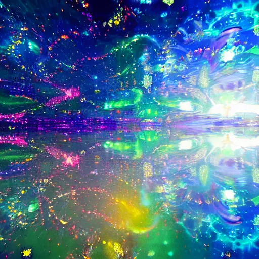 Image similar to Beautiful impressionistic painting, of fractal cosmic lights, water reflection, intricate details, high quality, 8k, wide lens atmospheric photo, color grading !dream