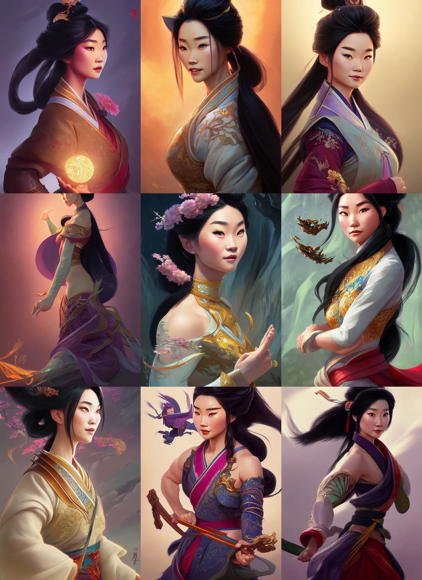 Prompt: characters from mulan combined with raya and the last dragon, fantasy, intricate, elegant, highly detailed, digital painting, artstation, concept art, matte, sharp focus, illustration, hearthstone, art by artgerm and greg rutkowski and alphonse mucha