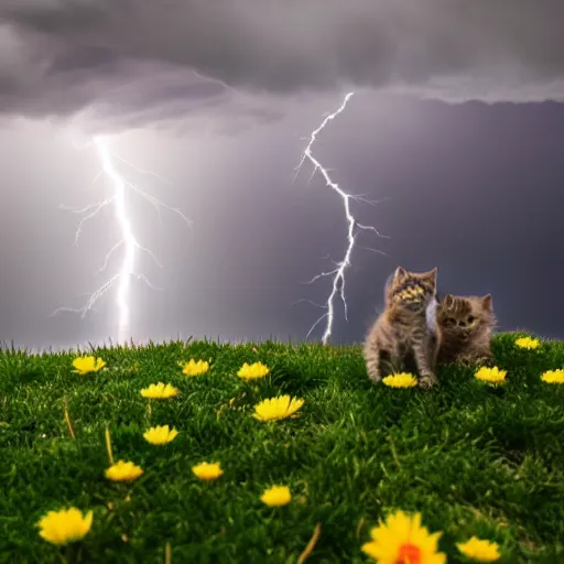 Image similar to dramatic lightning, photo 1 5 mm, wide, flower and kittens in the sea