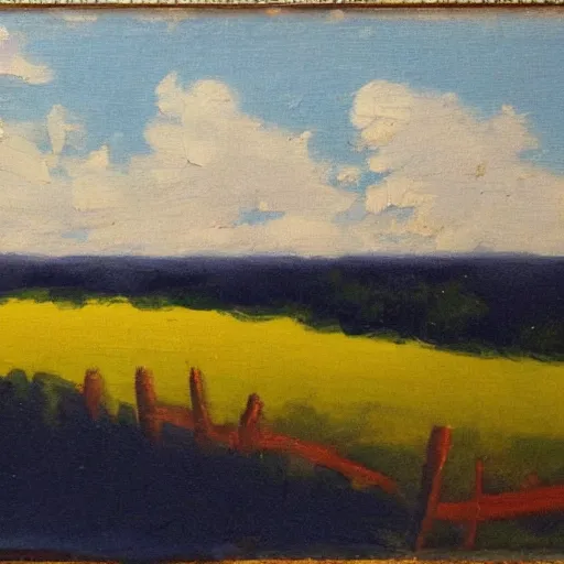 Image similar to Tonalist landscape, pastoral scene. Ultramarine blue, napthol red, and lemon yellow.