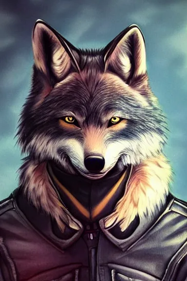 Image similar to A wolf-fox hybrid with a small head wearing a leather jacket and leather jeans and leather gloves, trending on FurAffinity, energetic, dynamic, digital art, highly detailed, FurAffinity, high quality, digital fantasy art, FurAffinity, favorite, character art