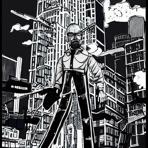 Prompt: a huge mechanical walter white destroying nyc