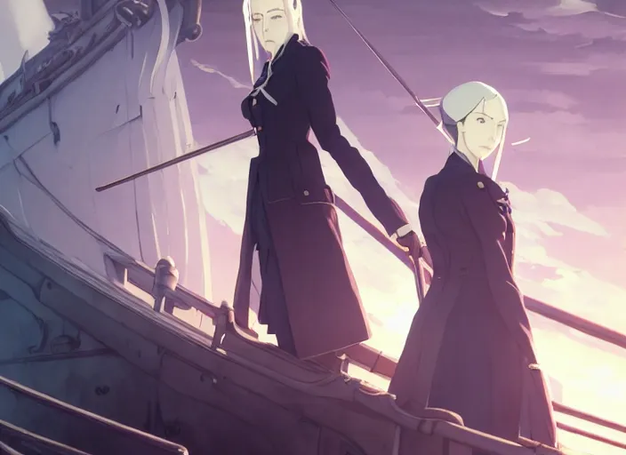 Image similar to portrait of lady maria, helm of second world war warship in background, illustration concept art anime key visual trending pixiv fanbox by wlop and greg rutkowski and makoto shinkai and studio ghibli and kyoto animation, symmetrical facial features, astral witch clothes, dieselpunk, realistic anatomy, gapmoe yandere grimdark, volumetric lighting, backlit