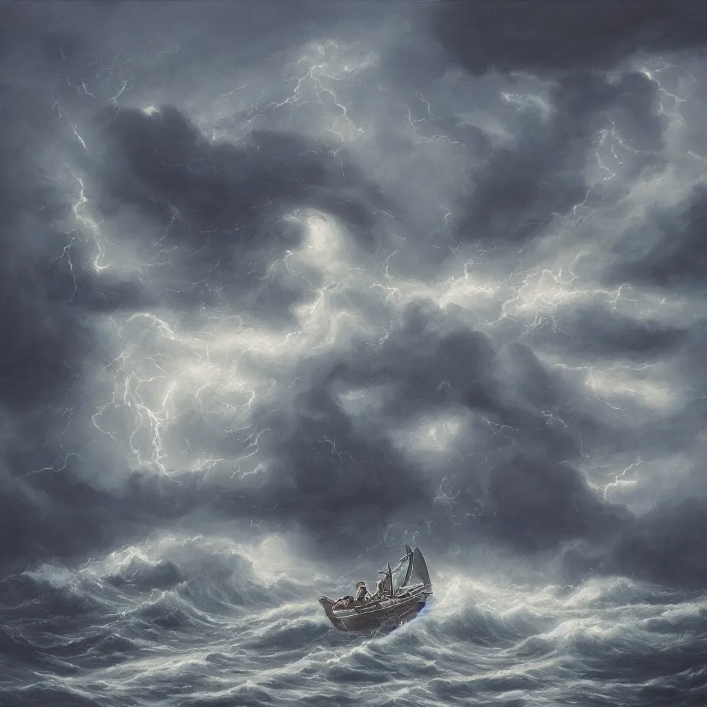 Prompt: a fantasy book style portrait of a giant squid, stormy sea, giant waves, lightning in the background, small boat, oil painting, 4 k