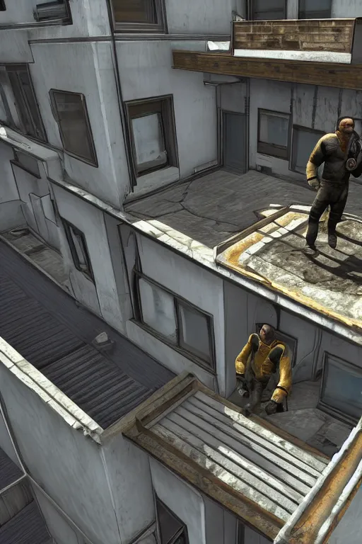 Prompt: A government man from Half-life stands on the balcony of a two-story panel house and watches, graphics in the style of games on the source engine, game graphics