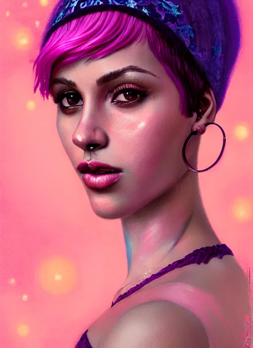 Image similar to portrait of vanessa morgan with bright pink hair, curly pixie cut hair, wearing a purple breton cap, breton cap, hoop earrings, intricate, elegant, glowing lights, highly detailed, digital painting, artstation, concept art, smooth, sharp focus, illustration, art by wlop, mars ravelo and greg rutkowski