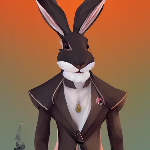 Image similar to anthropomorphic jackrabbit harengon with black skin, wearing stylized monk robes and a wide brimmed hat, digital art featured on artstation