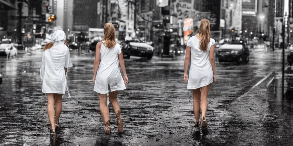 Image similar to ! dream 3 beautiful woman wearing white wet short sun dresses walking toward the camera in the wet cyberpunk streets of new york at sunset, police hover cars in the background, mud puddles, in the style of h. r. giger