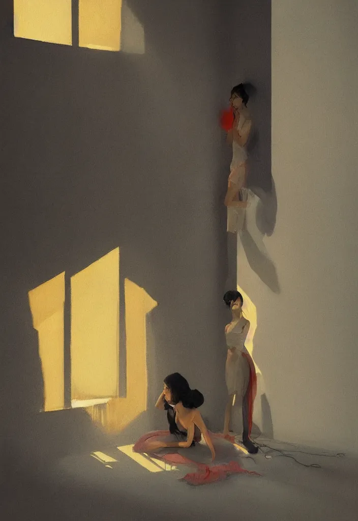 Prompt: gorgeous famous asian actress girl dropping the shadow of her desires on the wall of empty house with a light from a window creating dreams, style of James Jean, Edward Hopper, Francis Bacon, colors of Mark Rothko, Frank Auerbach, trending on artstation, Greg Rutkowski, dark atmosphere