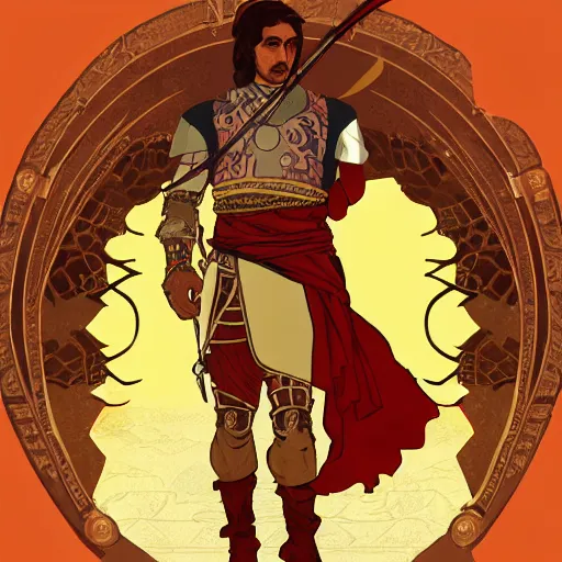 Image similar to an ultra detailed vector image of solaire of astora dressed as the prince of persia, concept art by alphonse mucha and greg rutkowski, bright red desert sands, bright yellow and red sun, octane render, praise the sun