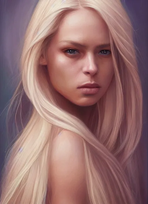 Prompt: a painting of a woman with long blonde hair, a photorealistic painting by magali villeneuve, featured on cgsociety, fantasy art, detailed painting, photorealistic, pixiv