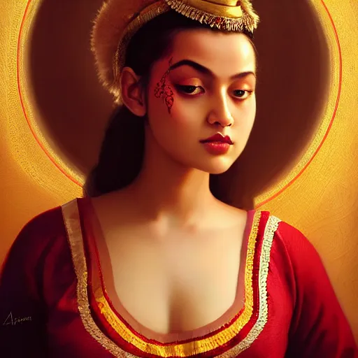 Prompt: stunning beauty attractive teen girl wearing assamese mekhela style costume ; portrait by artgerm and tom bagshaw ; trending on artstation ; award winning, sultry seductive pinup pose ; cinematic natural dramatic lighting, studio photography by annie leibovitz