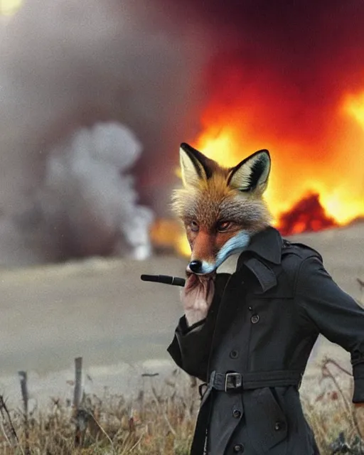 Image similar to a fox in a black trench - coat, smoking a cigarette in front of a huge explosion in the middle of a war, style of anime