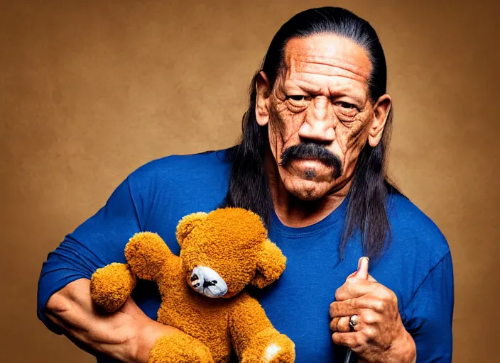 Image similar to photo still of danny trejo at the county fair!!!!!!!! at age 5 6 years old 5 6 years of age!!!!!!!! holding a teddy bear he won, 8 k, 8 5 mm f 1. 8, studio lighting, rim light, right side key light